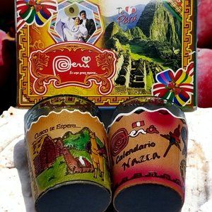 PERU Machu Picchu Souvenir Shot Glasses Leather Covers Artisan Set of 2